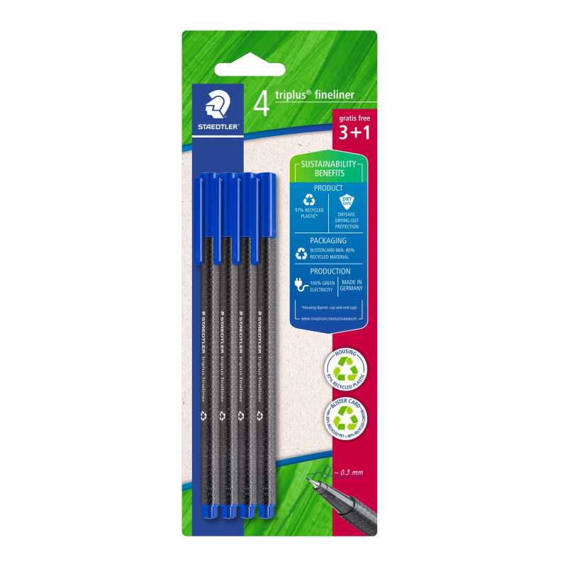 Staedtler - Triplus fineliner 334 - Blister 4 feutres triangulaires - Pointe superfine 0,3 mm bleus - En plastique 97% recyclé - Staedtler - Triplus fineliner 334 - Blister 4 feutres triangulaires - Pointe superfine 0,3 mm bleus - En plastique 97% recyclé -