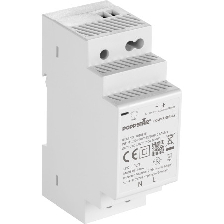 Poppstar Alimentation pour Rail DIN sortie 12 V DC 2 A max. 24 W (entrée 100-240 V AC 50/60 Hz) Transformateur 12V