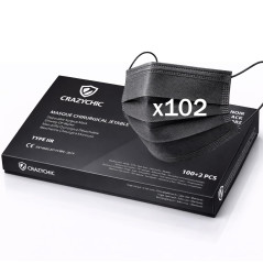 CRAZYCHIC - x102 Masque Chirurgical Médical NOIR Type IIR - Certifié CE Norme EN14683 - Masque Jetable 3 Plis Protection Respira