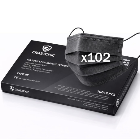 CRAZYCHIC - x102 Masque Chirurgical Médical NOIR Type IIR - Certifié CE Norme EN14683 - Masque Jetable 3 Plis Protection Respira
