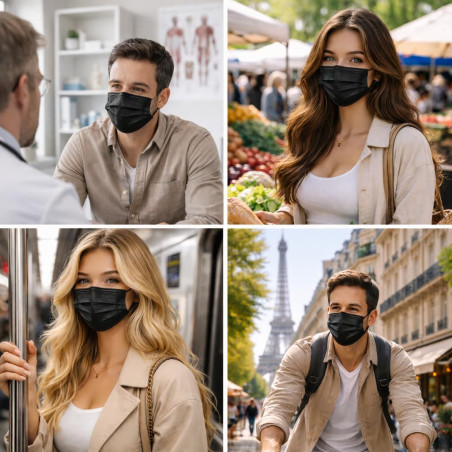 CRAZYCHIC - x102 Masque Chirurgical Médical NOIR Type IIR - Certifié CE Norme EN14683 - Masque Jetable 3 Plis Protection Respira