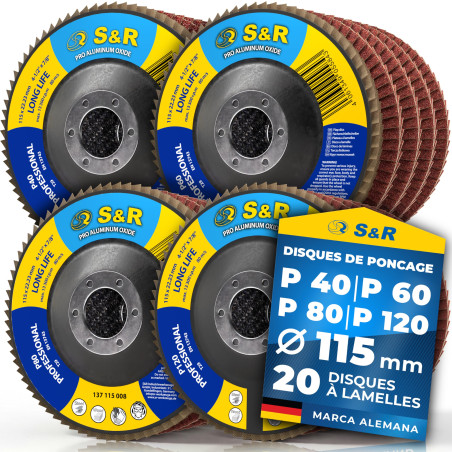 S&R 20 Disque abrasif à lamelles 115 pour Bois Métal: 20 Disques - 5 x chaque grain: P40 /60/80/120. Disque ponçage pour Meuleus
