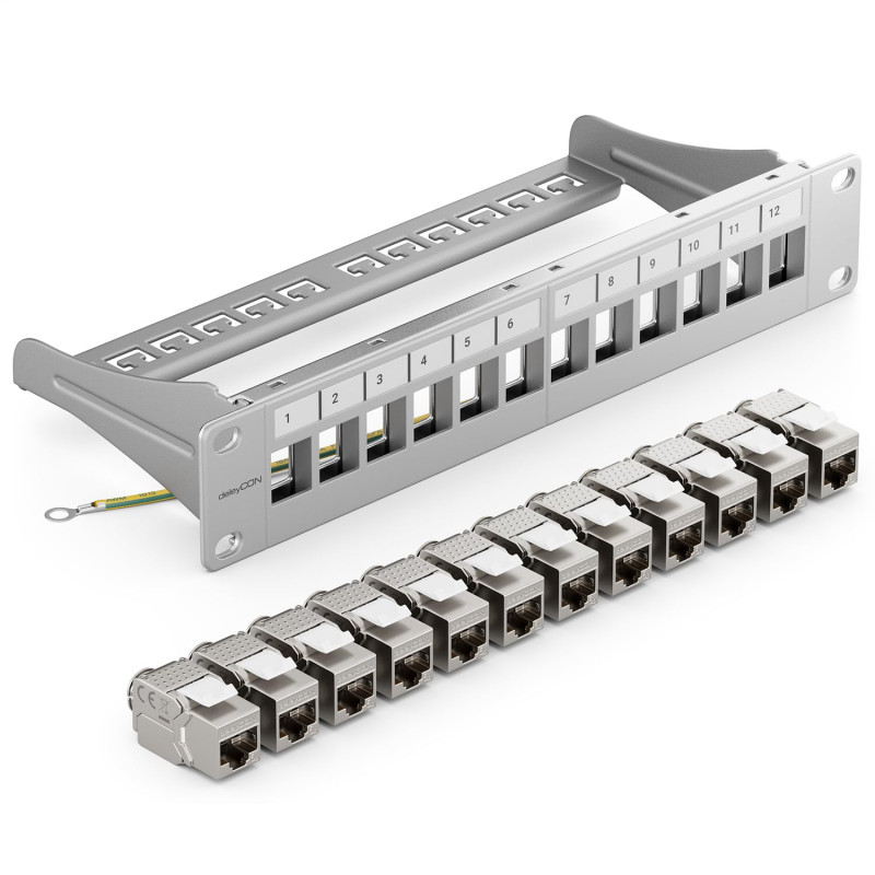 deleyCON Kit de 12 Ports Panneau de Brassage Modulaire 1 U 10" Installation en Rack + 12x Modules Keystone RJ45 CAT6a Compatible deleyCON Kit de 12 Ports Panneau de Brassage Modulaire 1 U 10" Installation en Rack + 12x Modules Keystone RJ45 CAT6a Compatible