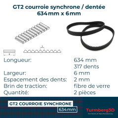 GT2 courroie synchrone/dentée 2GT-6 largeur 6mm, pas 2mm, 2 pièces (634mm)