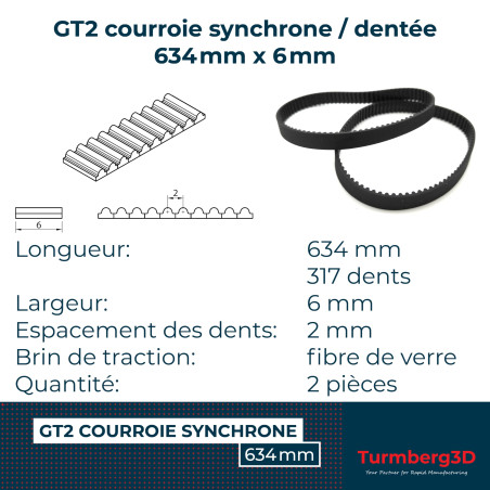 GT2 courroie synchrone/dentée 2GT-6 largeur 6mm, pas 2mm, 2 pièces (634mm)