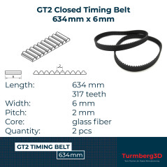 GT2 courroie synchrone/dentée 2GT-6 largeur 6mm, pas 2mm, 2 pièces (634mm)