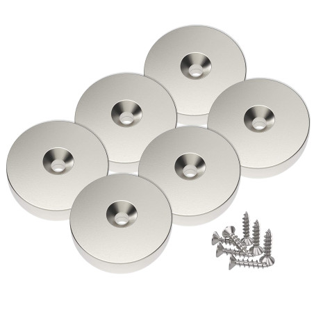 6 pièces Magnetpro Aimants en néodyme 25 x 4.5 mm, Trou fraisé, Force de 10 kg avec 6 vis