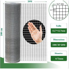 Grillage à Poule Galvanisé 1m x 20m - Maille Carrée 12,7mm - Clôture Solide pour Poulailler, Volière & Jardin - Résistant aux Ro