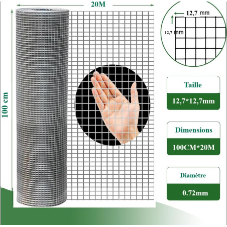 Grillage à Poule Galvanisé 1m x 20m - Maille Carrée 12,7mm - Clôture Solide pour Poulailler, Volière & Jardin - Résistant aux Ro