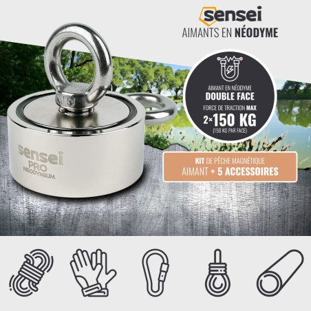 SENSEI Kit de Pêche à l'Aimant, Aimant Néodyme Double Face 150 kg N52 avec Accessories