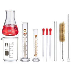 JESSTOLO 50ml Flacon Erlenmeyer verre, 10/5ml Cylindres Gradués, 2 Brosses de Nettoyage, 3 Éprouvettes, 2 Agitateurs