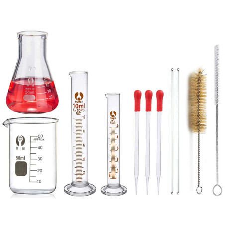 JESSTOLO 50ml Flacon Erlenmeyer verre, 10/5ml Cylindres Gradués, 2 Brosses de Nettoyage, 3 Éprouvettes, 2 Agitateurs