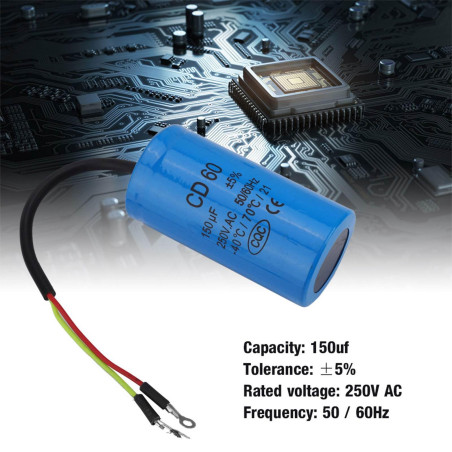 Condensateur CD60 150uF Condensateur Moteur 250V AC 50 / 60Hz avec Fil Conducteur pour Compresseur d'air de moteur