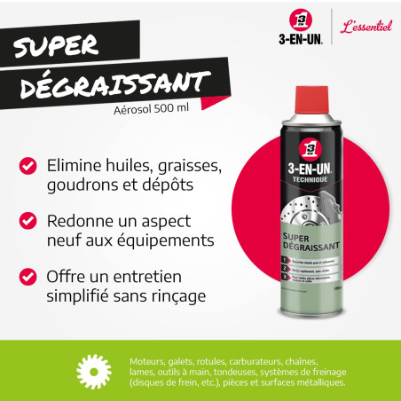 3-En-UN Technique • Super dégraissant • Aérosol • Rapide et puissant• Ne laisse aucune trace après le nettoyage • Sans solvant c