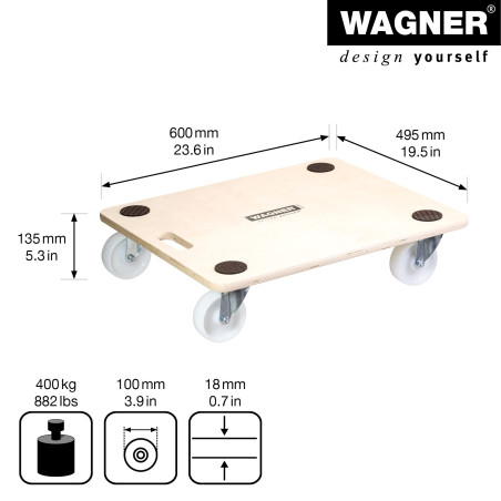 Wagner Chariot de Transport MM 1086 I 60 x 50 x 13,5 cm - Charge 400 kg - pour Objets encombrants, équipements et Meubles I Pati