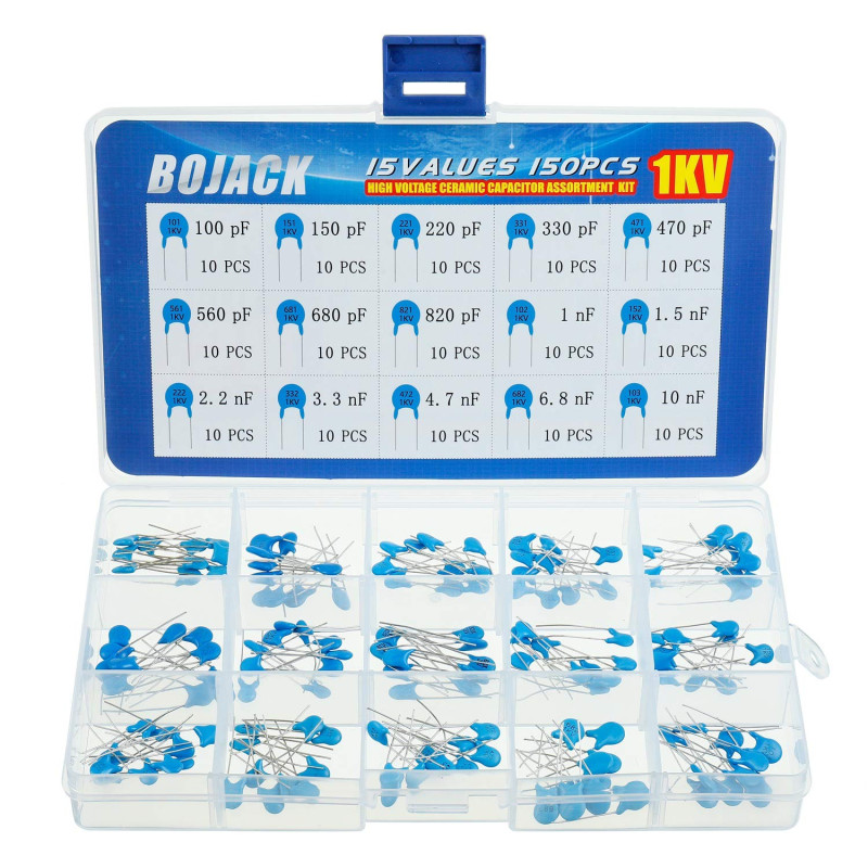 BOJACK 15 valeurs 150 pièces 1KV / 100 pF à 10 nF Kit d'assortiment de condensateurs céramiques DIP haute tension BOJACK 15 valeurs 150 pièces 1KV / 100 pF à 10 nF Kit d'assortiment de condensateurs céramiques DIP haute tension
