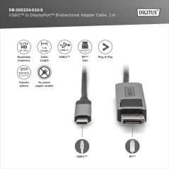 DIGITUS Câble adaptateur Displayport - USB Type-C vers Displayport 1.4-8k/30Hz - 4k/144Hz - Bidirectionnel - DP Alt-Mode - MST -