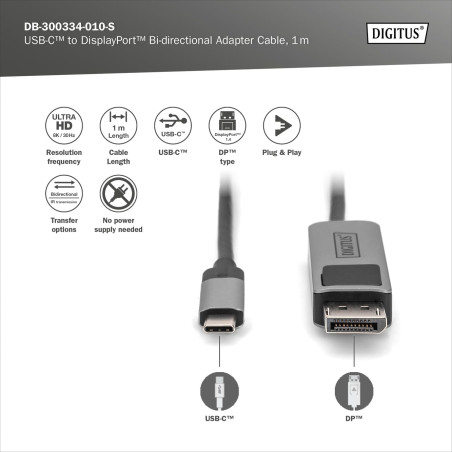 DIGITUS Câble adaptateur Displayport - USB Type-C vers Displayport 1.4-8k/30Hz - 4k/144Hz - Bidirectionnel - DP Alt-Mode - MST -