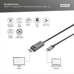 DIGITUS Câble adaptateur Displayport - USB Type-C vers Displayport 1.4-8k/30Hz - 4k/144Hz - Bidirectionnel - DP Alt-Mode - MST -