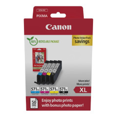 Canon CLI-571XL Lot de 4 Cartouches d'encre Authentiques à Haut rendement (Noir, Cyan, Magenta, Jaune) ; Comprend 50 Feuilles de