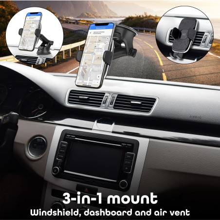 T'nB - Zina Support Téléphone Voiture, Fixation 3 en 1 Pare-Brise Tableau de Bord Grille D'aération, Bras Télescopique Réglable,