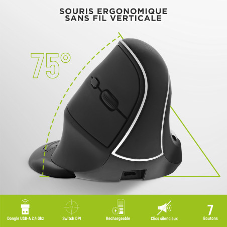 T'nB - Souris sans Fil Bluetooth Ergonomique Verticale Rechargeable, Confortable avec Repose Poignet Amovible, Idéal Professionn