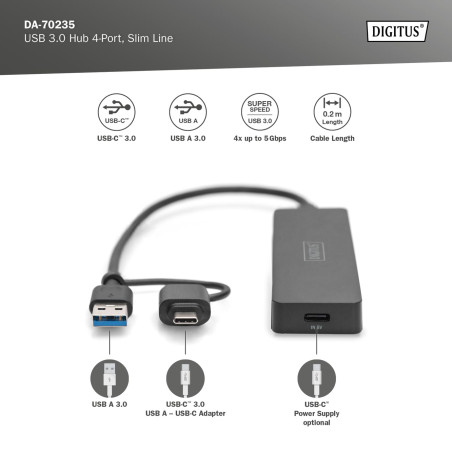 DIGITUS DA-70235 - Hub USB - Hub 4 Ports USB 3.2 Gen 1 Type A & C - Transfert de données Ultra-Rapide jusqu'à 5 Gbit/s - Compact