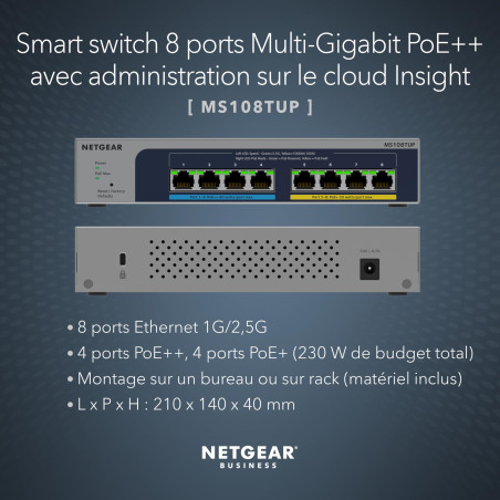 NETGEAR (MS108TUP) Smart Switch Multi-Gigabit Ethernet Ultra60 PoE 8 Ports - Manageable, avec 4 Ports PoE++ et 4 Ports SFP+ 230