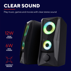 Trust Gaming GXT 606B Javv Enceinte PC Gamer 2.0 avec Éclairage LED RGB, 12W (6W RMS), Alimentation USB, Jack 3,5 mm, Système d'