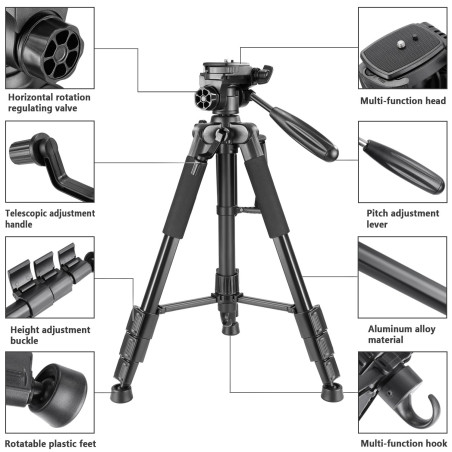 Neewer 142 centimètres Trépied Aluminium Portable Noir avec Tête Pivotante 3 Directions et Sac pour DSLR, DV Vidéo Caméscope, Ch