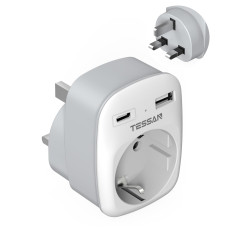 TESSAN Adaptateur Prise Anglaise, 3 en 1 Prise Anglaise Adaptateur Francais avec USB C et USB A, 3250W Type G pour UK Irlande Du
