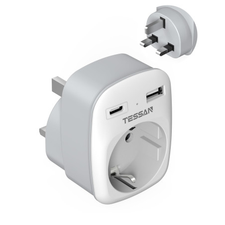 TESSAN Adaptateur Prise Anglaise, 3 en 1 Prise Anglaise Adaptateur Francais avec USB C et USB A, 3250W Type G pour UK Irlande Du
