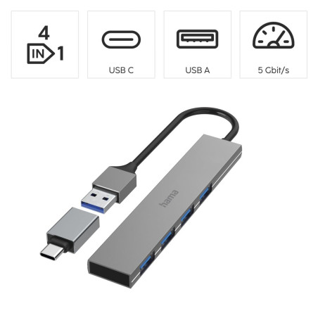 Hama Hub USB, 4 Ports, USB 3.2 Gen1, 5 Gbit/s, Ultra Slim avec Adaptateur USB-C, Garantie 30 Ans, Gris