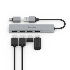 Hama Hub USB, 4 Ports, USB 3.2 Gen1, 5 Gbit/s, Ultra Slim avec Adaptateur USB-C, Garantie 30 Ans, Gris