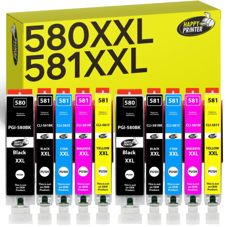Happy Printer 10 XXL Cartouches compatibles avec Canon PGI-580 CLI-581 pour Pixma TR7500 TR7550 TR8550 TS6100 TS6150 TS6151 TS62
