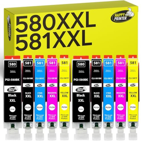 Happy Printer 10 XXL Cartouches compatibles avec Canon PGI-580 CLI-581 pour Pixma TR7500 TR7550 TR8550 TS6100 TS6150 TS6151 TS62