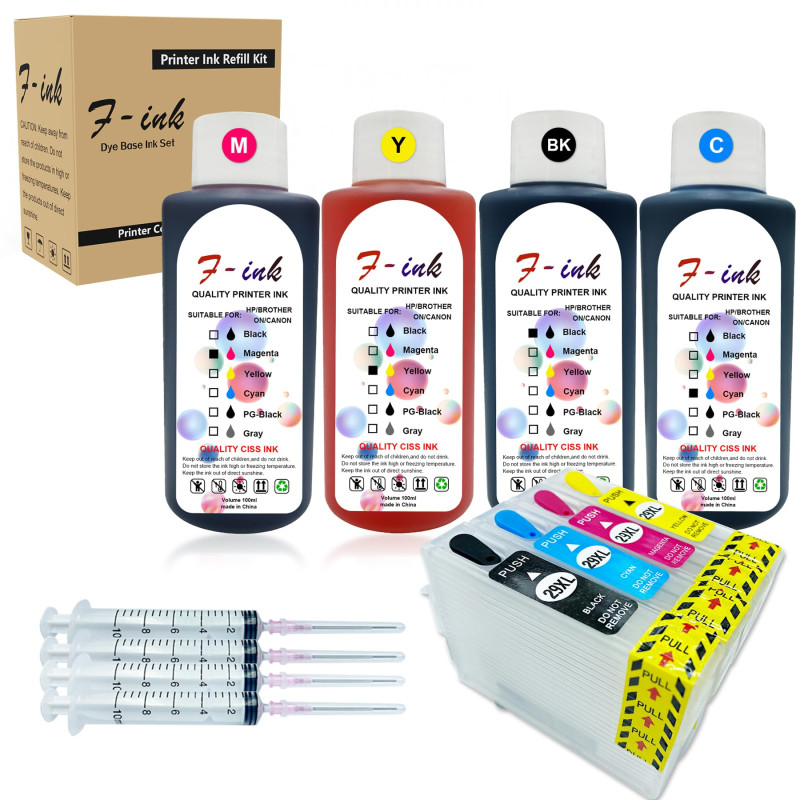 Cartouche d'encre rechargeable 29XL et encre de bouteille 4 x 100 ml compatible pour Expression Home XP-255 XP-257 XP-352 XP-355 Cartouche d'encre rechargeable 29XL et encre de bouteille 4 x 100 ml compatible pour Expression Home XP-255 XP-257 XP-352 XP-355