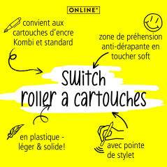ONLINE Roller à cartouches ergonomique - Switch Expert Noir - pour cartouches d'encre standard, rechargeable, avec stylus tip, c