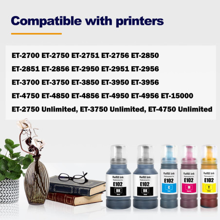 LAIPENG 102 Encre Compatible avec Epson 102 pour Ecotank ET-2700 ET-2750 ET-2751 ET-2756 ET-2850 ET-2851 ET-2856 ET-3700 ET-3750