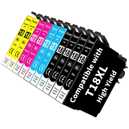 Tinnee 10-Pack 18XL Cartouche d'encre Compatible pour Epson 18 Epson 18XL pour Expression Home XP-205 XP-215 XP-225 XP-305 XP-31