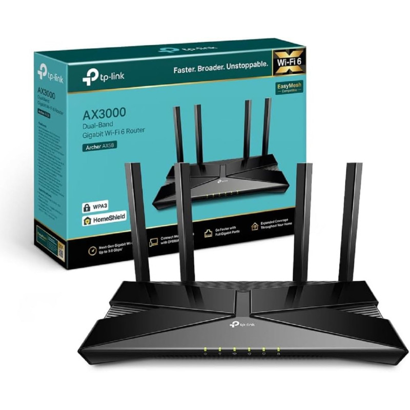 TP-Link Archer AX58 Routeur WiFi 6, Routeur WiFi AX 3000 Mbps bi-Bande, 5 Ports Gigabit, 4 antennes à Haute Performance, WPA3, C TP-Link Archer AX58 Routeur WiFi 6, Routeur WiFi AX 3000 Mbps bi-Bande, 5 Ports Gigabit, 4 antennes à Haute Performance, WPA3, C