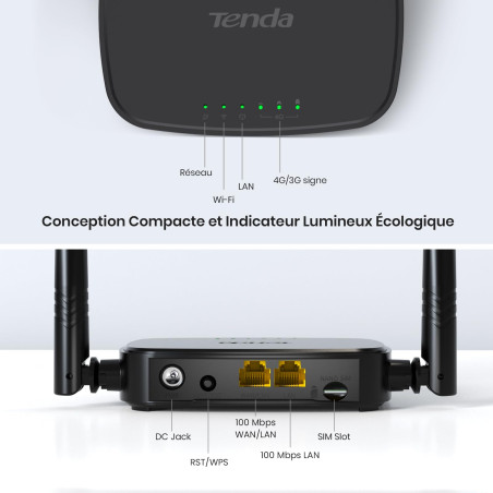 Tenda Routeur 4G, Box 4G WiFi, Routeur SIM LTE 150 Mbps, Modem 4G san Fil, 2.4GHz Wi-FI 300 Mbps, CAT4, 2 Antennes Externe, Fast