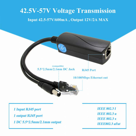 Revotech 12V/2A Actif PoE Splitter DC 5.5*2.5mm Interface, 48V PoE vers DC 12V/2A Sortie, 10/100Mbps Conforme IEEE802.3af/at, Ad