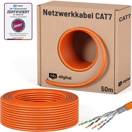 HB-DIGITAL 50m Câble Réseau CAT 7, RJ45 S/FTP PiMF, Câble Ethernet en Cuivre Massif - Certifié GHMT - 10 Gbps, 600MHz, LSZH, pou