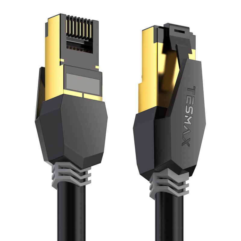 Tesmax Câble Ethernet Cat8 10.5M, Câble réseau 26AWG 40Gbps 2000Mhz LAN, Cordon de brassage SFTP avec connecteur RJ45, Résistant Tesmax Câble Ethernet Cat8 10.5M, Câble réseau 26AWG 40Gbps 2000Mhz LAN, Cordon de brassage SFTP avec connecteur RJ45, Résistant