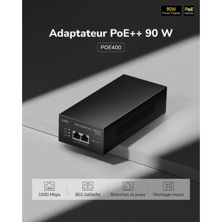 Cudy POE400 Adaptateur injecteur PoE++ Ultra Gigabit 90 W, Compatible avec IEEE 802.3bt/at/AF, Rj45 1000 Mbps, Plug & Play, méta