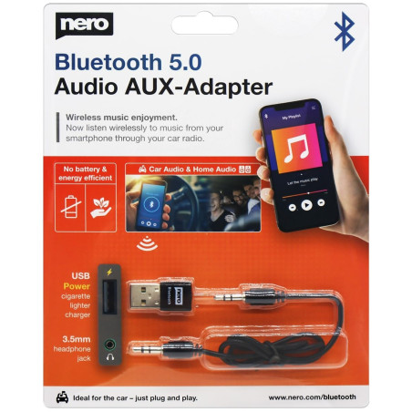 Nero Adaptateur Audio Bluetooth 5.0 AUX | Récepteur & Transmetteur USB pour Voiture, Système HiFi et Haut-parleurs | Jack 3,5 mm