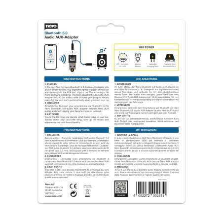 Nero Adaptateur Audio Bluetooth 5.0 AUX | Récepteur & Transmetteur USB pour Voiture, Système HiFi et Haut-parleurs | Jack 3,5 mm