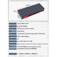 KuWFi Commutateur réseau Gigabit 10 ports, LAN RJ45 Port Fast Ethernet, répartiteur LAN, répartiteur LAN 10/100/1000 Mbps, plug