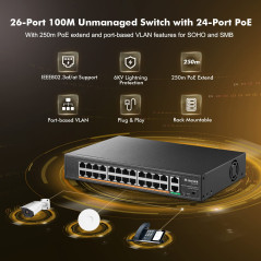 mokerlink 24 Port PoE Switch, 2 Gigabit Uplink Port, Puissance élevée 400W, Prise en Charge IEEE802.3af/at, PoE + Plug & Play No